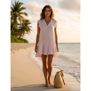 NEW VTG Pure Match 100% Linen Pink Ruffle Hem Dress Small Boho USA